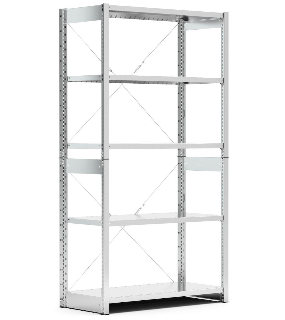 Scaffale in acciaio con 5 ripiani, L1057 x P421 x H2011 mm