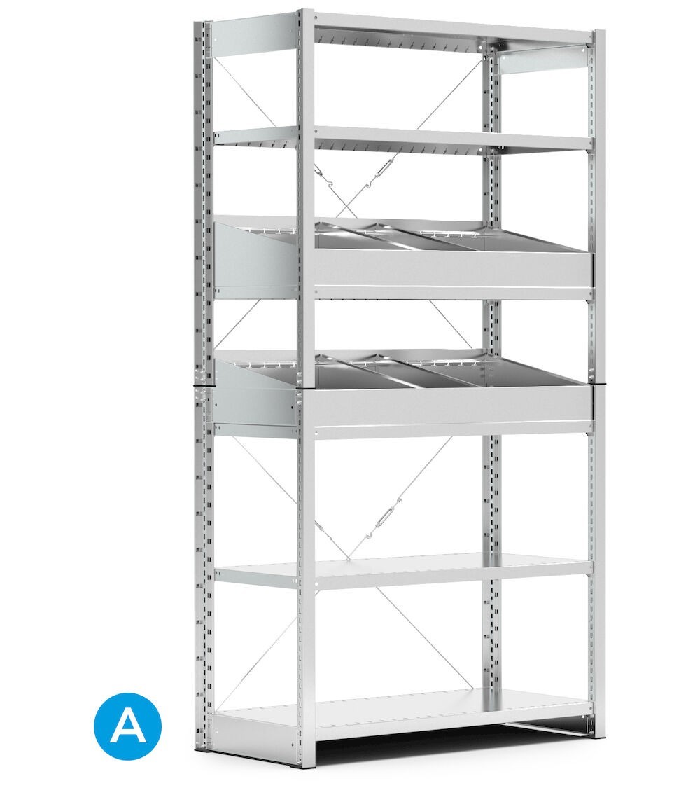 Scaffalatura per minuterie a 6 ripiani con divisori, L1057 x P621 x H2011 mm