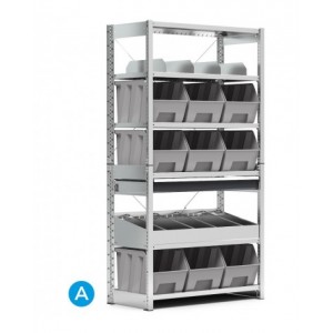 Scaffale con 9 contenitori mis. 4A5 e 6 ripiani, L1057 x P521 x H2011 mm