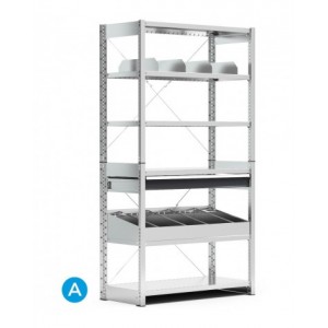 Scaffale a 6 ripiani con divisori per contenitori mis.4A5, L1057 x P521 x H2011 mm