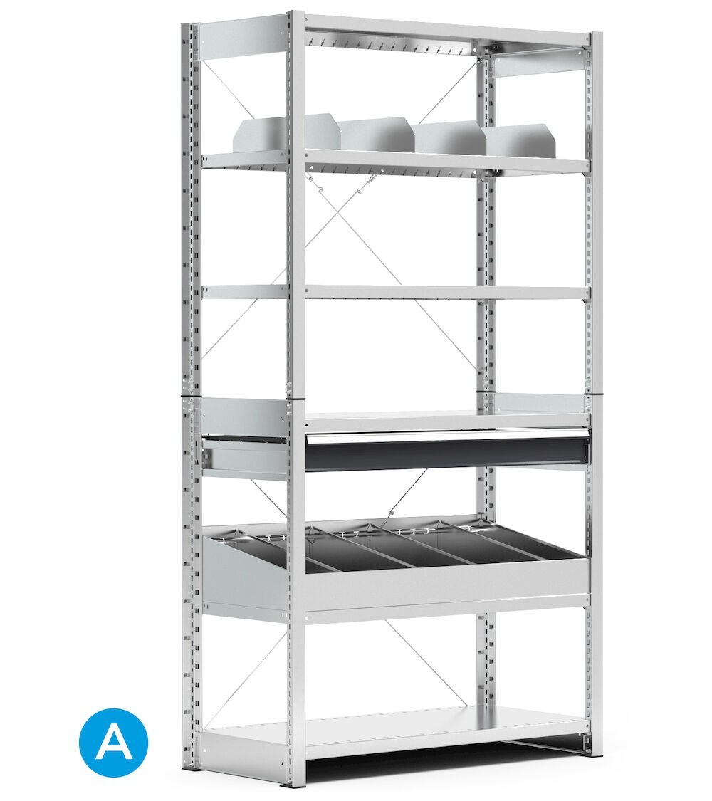 Scaffale a 6 ripiani con divisori per contenitori mis.4A5, L1057 x P521 x H2011 mm