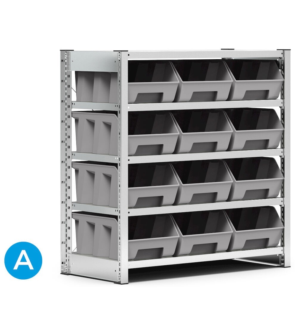 Scaffale con 12 contenitori a 5 piani, L1057 x P521 x H1111 mm