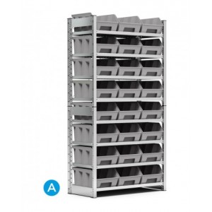 Scaffale porta contenitori, 8 ripiani, 24 contenitori a bocca di lupo mis.4, L1057 x P521 x 2056 mm