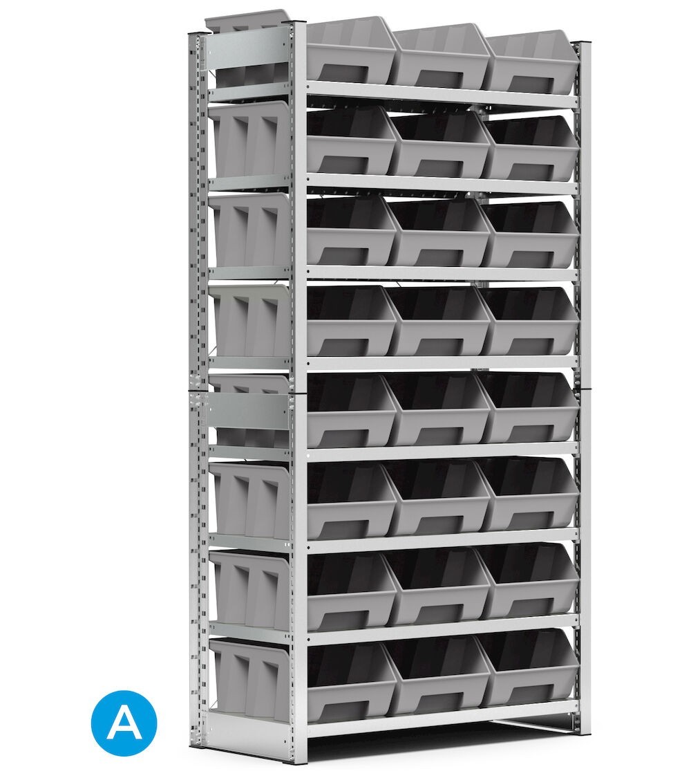 Scaffale porta contenitori, 8 ripiani, 24 contenitori a bocca di lupo mis.4, L1057 x P521 x 2056 mm