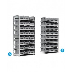 Scaffale porta contenitori, 8 ripiani, 24 contenitori a bocca di lupo mis.4, L1057 x P521 x 2056 mm