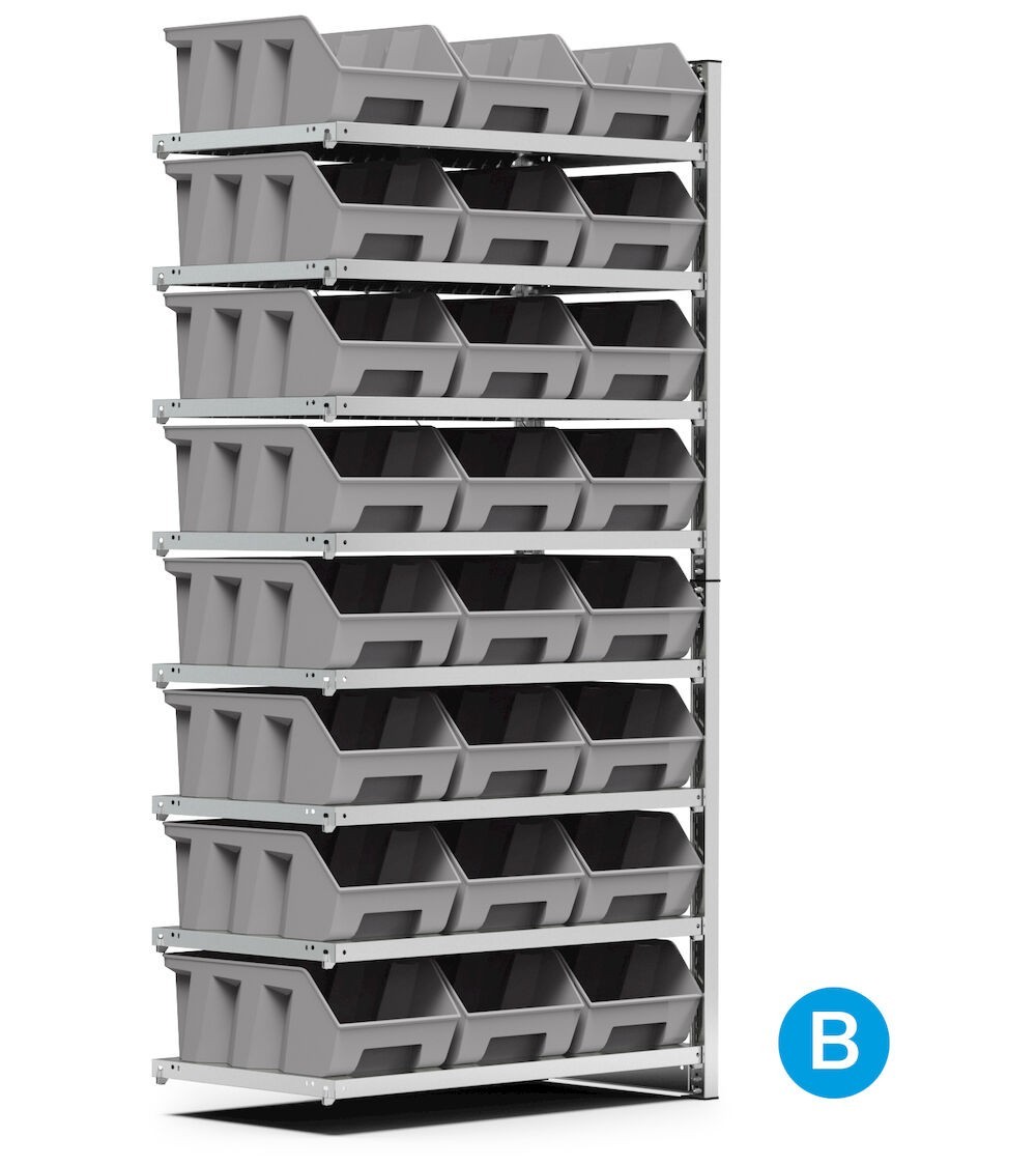 Scaffale aggiuntivo porta contenitori, 8 ripiani, 24 contenitori a bocca di lupo mis.4, L1028 x P521 x 2056 mm