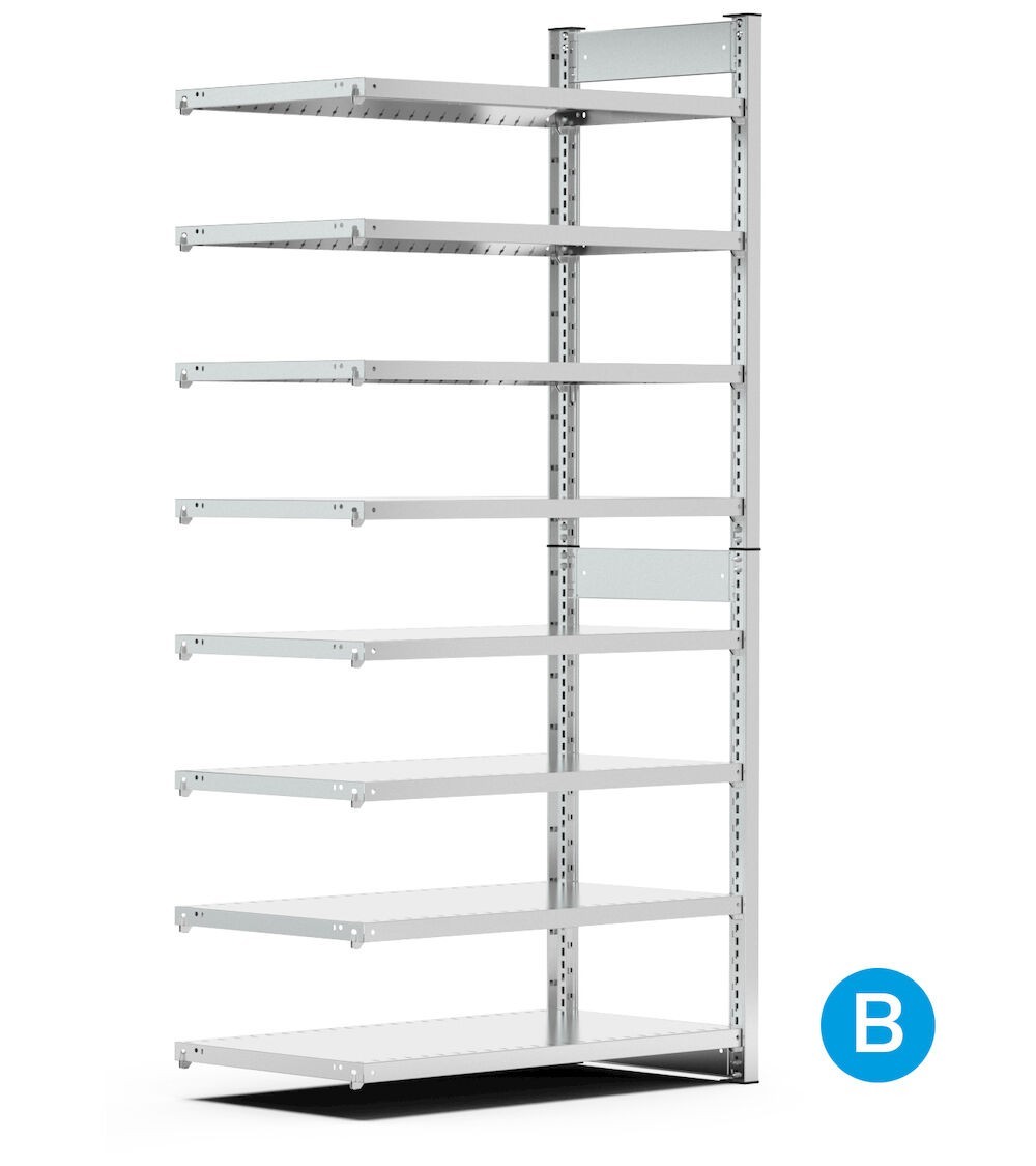 Scaffale aggiuntivo per contenitori a bocca di lupo mis.4, 8 ripiani, L10287 x P521 x 2016 mm