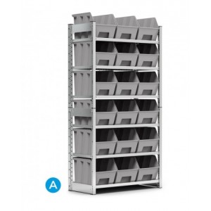 Scaffale porta contenitori, 6 ripiani, 18 contenitori a bocca di lupo mis.4A5, L1057 x P521 x 2131 mm