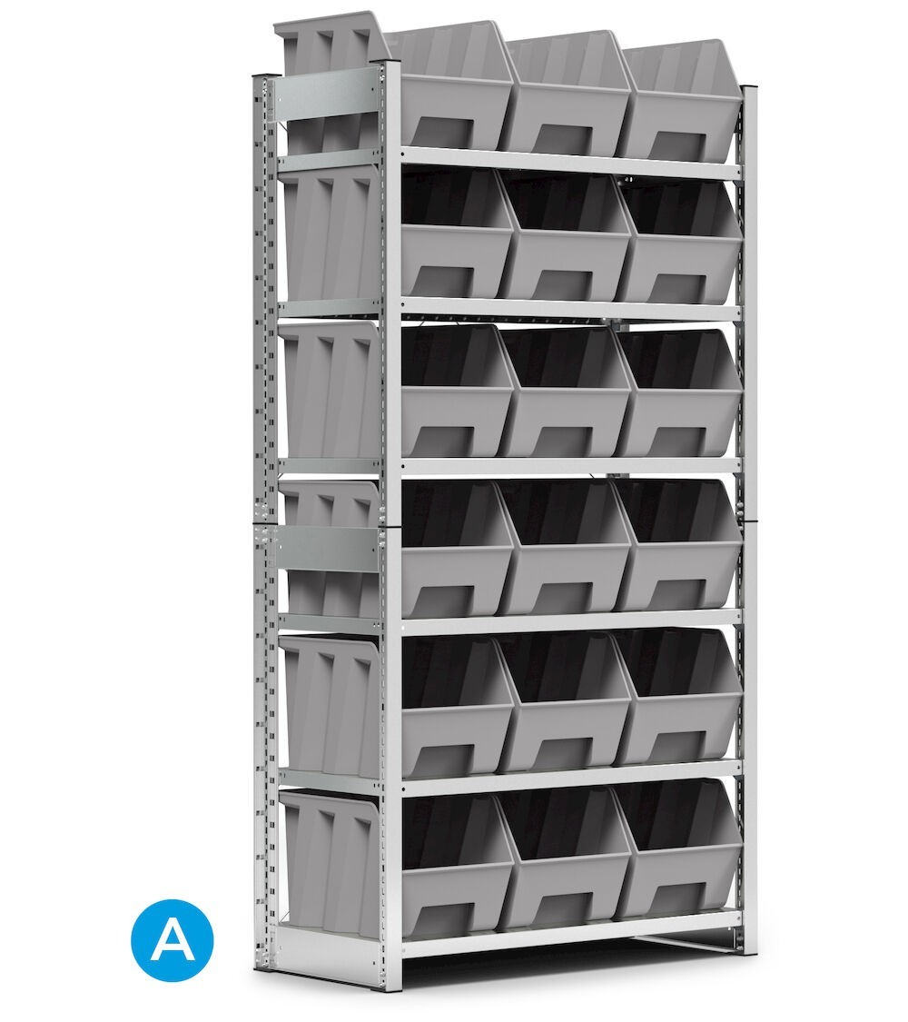 Scaffale porta contenitori, 6 ripiani, 18 contenitori a bocca di lupo mis.4A5, L1057 x P521 x 2131 mm