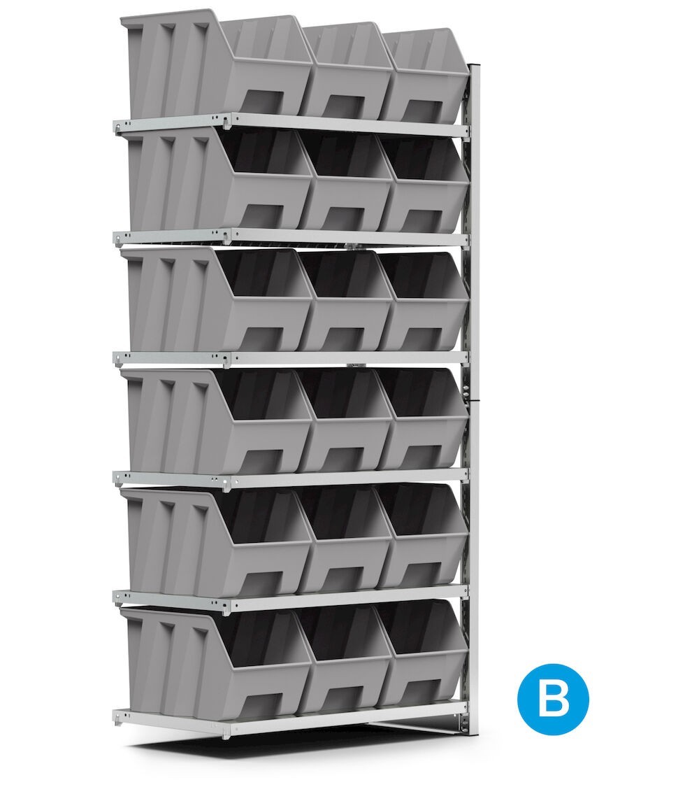 Scaffale aggiuntivo porta contenitori, 6 ripiani, 18 contenitori a bocca di lupo mis.4A5, L1028 x P521 x 2131 mm