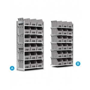 Scaffale aggiuntivo porta contenitori, 6 ripiani, 18 contenitori a bocca di lupo mis.4A5, L1028 x P521 x 2131 mm