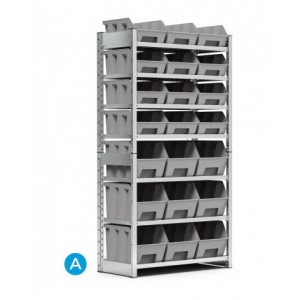 Scaffale porta contenitori, 7 ripiani, 21 contenitori a bocca di lupo mis.4/4A5, L1057 x P521 x 2111 mm