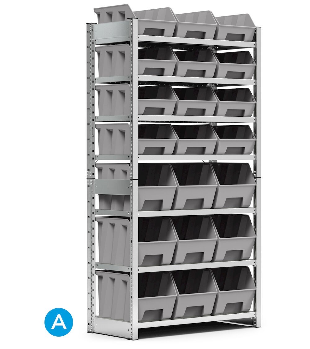 Scaffale porta contenitori, 7 ripiani, 21 contenitori a bocca di lupo mis.4/4A5, L1057 x P521 x 2111 mm