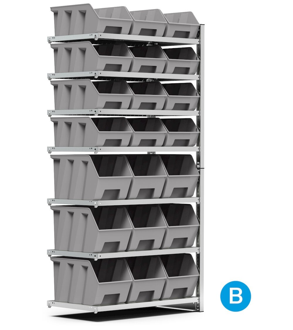 Scaffale aggiuntivo porta contenitori, 7 ripiani, 21 contenitori a bocca di lupo mis.4/4A5, L1028 x P521 x 2111 mm