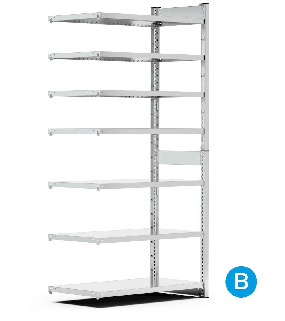 Scaffale aggiuntivo per contenitori a bocca di lupo mis.4/4A5, 7 ripiani, L1028 x P521 x 2016 mm