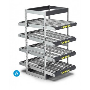 Scaffale dinamico a rulli con 4 telai inclinabili, L1100 x P1509 x H2009 mm