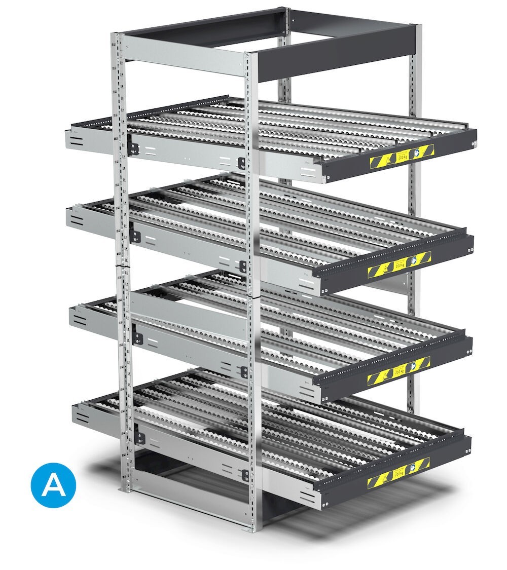 Scaffale dinamico a rulli con 4 telai inclinabili, L1100 x P1509 x H2009 mm