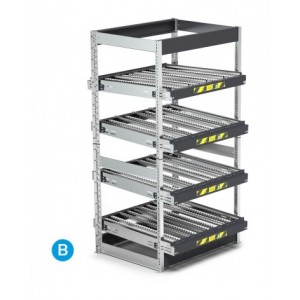 Scaffale dinamico a rulli con 4 telai inclinabili, L1100 x P1009 x H2009 mm
