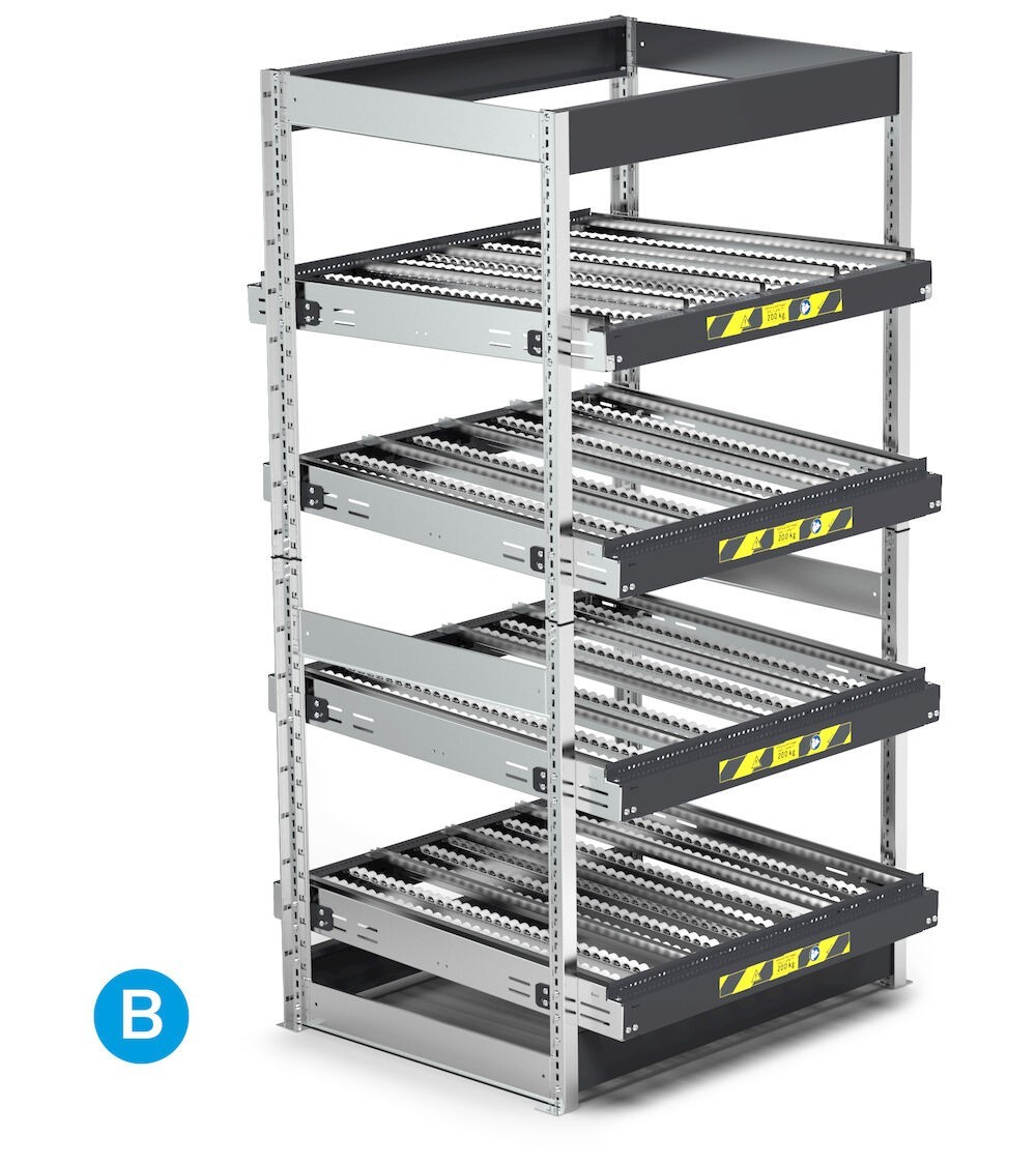 Scaffale dinamico a rulli con 4 telai inclinabili, L1100 x P1009 x H2009 mm