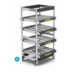 Scaffale dinamico a rulli con 4 telai inclinabili e ruote, L1118 x P1009 x H2164 mm