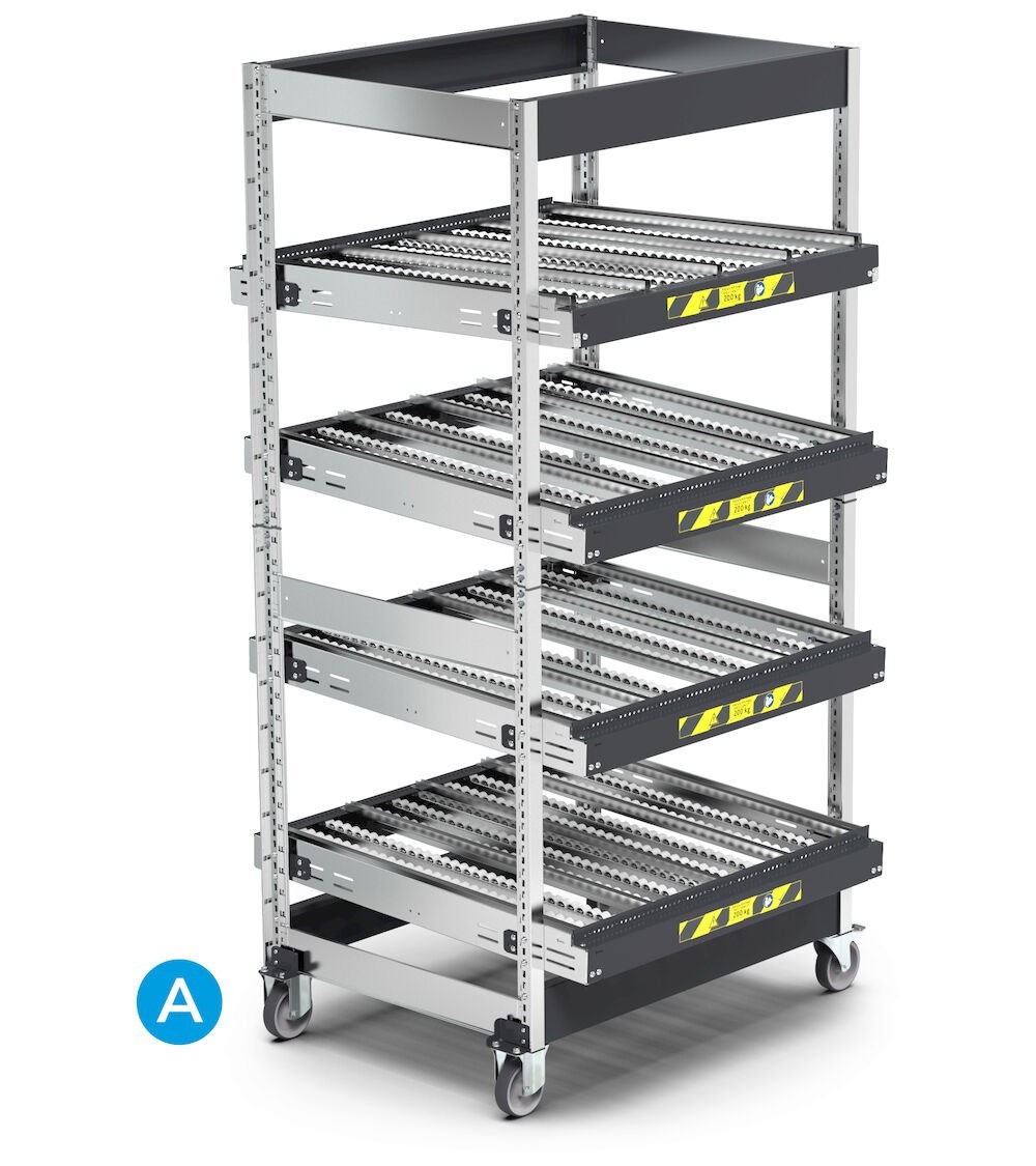Scaffale dinamico a rulli con 4 telai inclinabili e ruote, L1118 x P1009 x H2164 mm