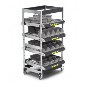 Scaffale dinamico a rulli con 4 telai inclinabili e ruote, L1118 x P1009 x H2164 mm