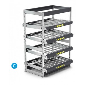 Scaffale dinamico a rulli con 4 telai inclinabili, L1400 x P1009 x H2009 mm