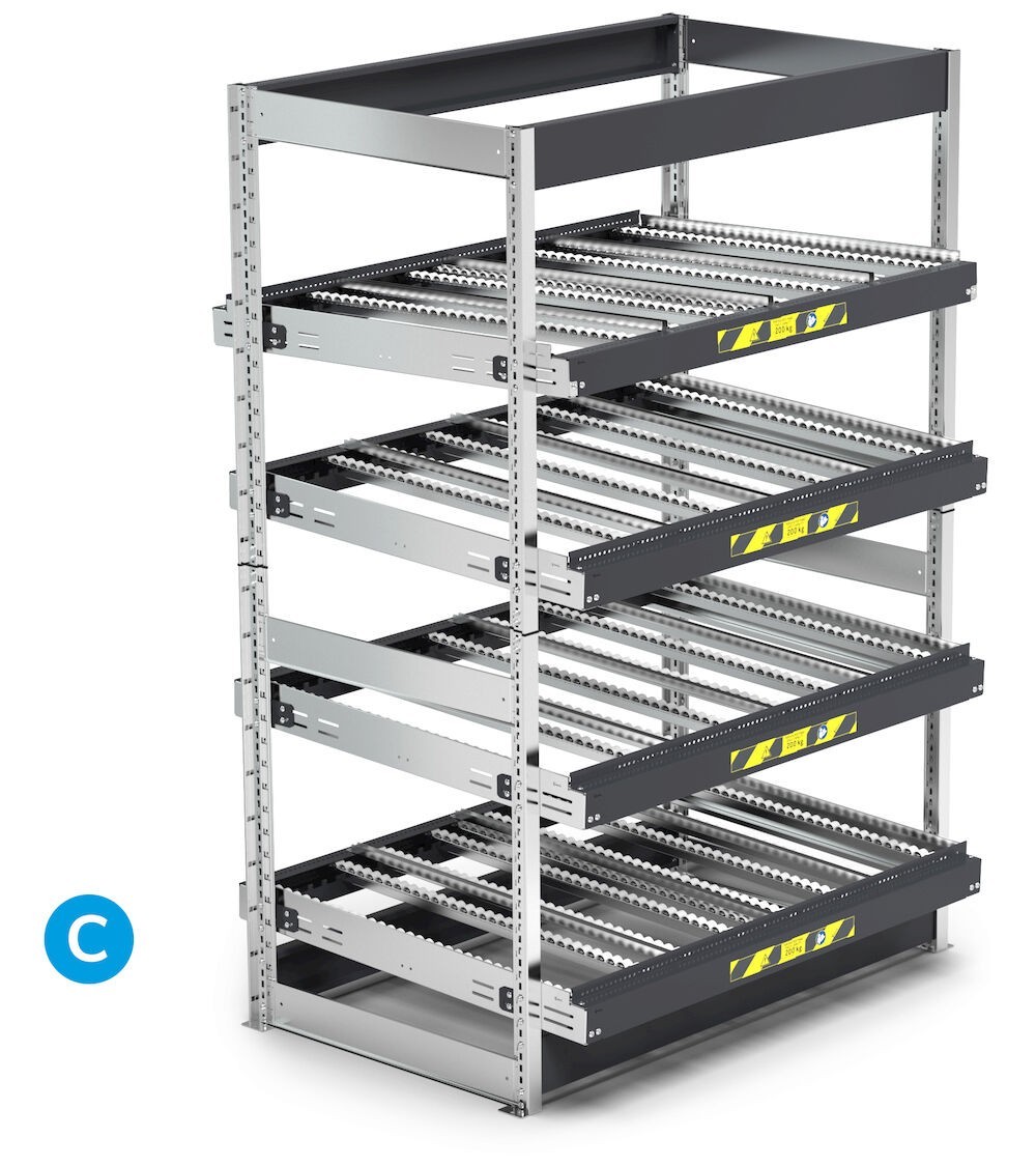 Scaffale dinamico a rulli con 4 telai inclinabili, L1400 x P1009 x H2009 mm