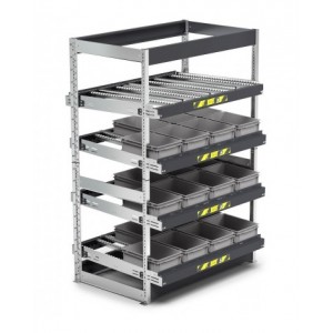 Scaffale dinamico a rulli con 4 telai inclinabili, L1400 x P1009 x H2009 mm