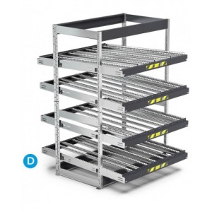 Scaffale dinamico a rulli con 4 telai inclinabili, L1400 x P1509 x H2009 mm