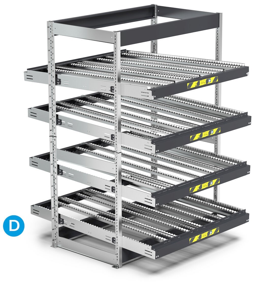 Scaffale dinamico a rulli con 4 telai inclinabili, L1400 x P1509 x H2009 mm