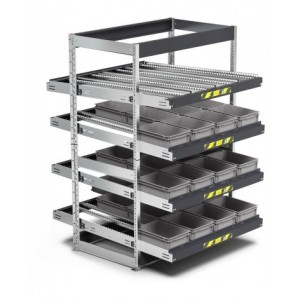 Scaffale dinamico a rulli con 4 telai inclinabili, L1400 x P1509 x H2009 mm