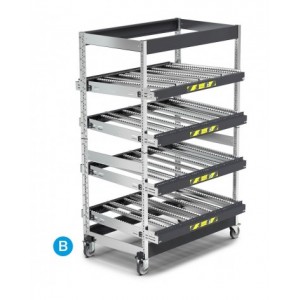 Scaffale dinamico a rulli con 4 telai inclinabili e ruote, L1418 x P1009 x H2164 mm