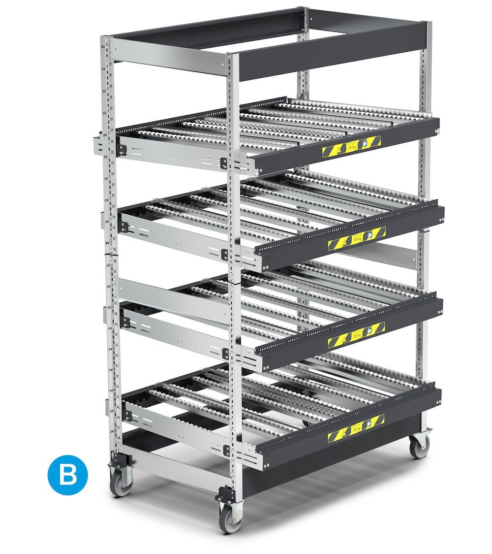 Scaffale dinamico a rulli con 4 telai inclinabili e ruote, L1418 x P1009 x H2164 mm