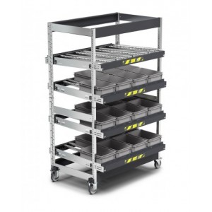 Scaffale dinamico a rulli con 4 telai inclinabili e ruote, L1418 x P1009 x H2164 mm