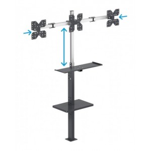 Supporto per 3 monitor da pavimento con porta tastiera e mensola