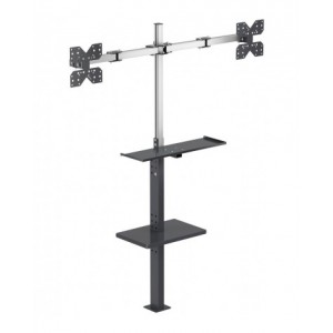 Supporto per 2 monitor da pavimento con porta tastiera e vassoio inclinato