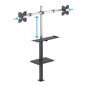 Supporto per 2 monitor da pavimento con porta tastiera e vassoio inclinato