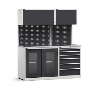 Modulo con cassettiera e armadio con ante scorrevoli fessurate in policarbonato, L 1734 mm, GARAGE043