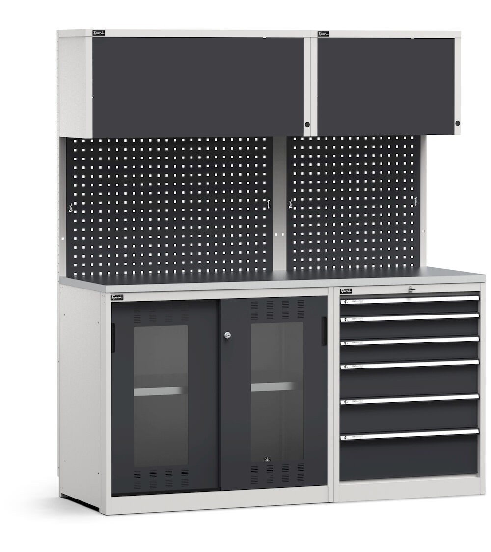 Modulo con cassettiera e armadio con ante scorrevoli fessurate in policarbonato, L 1734 mm, GARAGE043