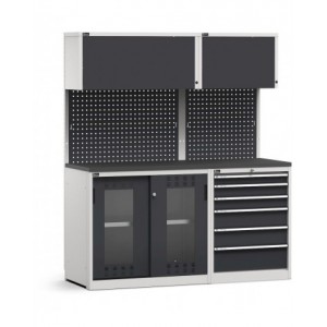 Modulo con cassettiera e armadio con ante scorrevoli fessurate in policarbonato, L 1734 mm, GARAGE044