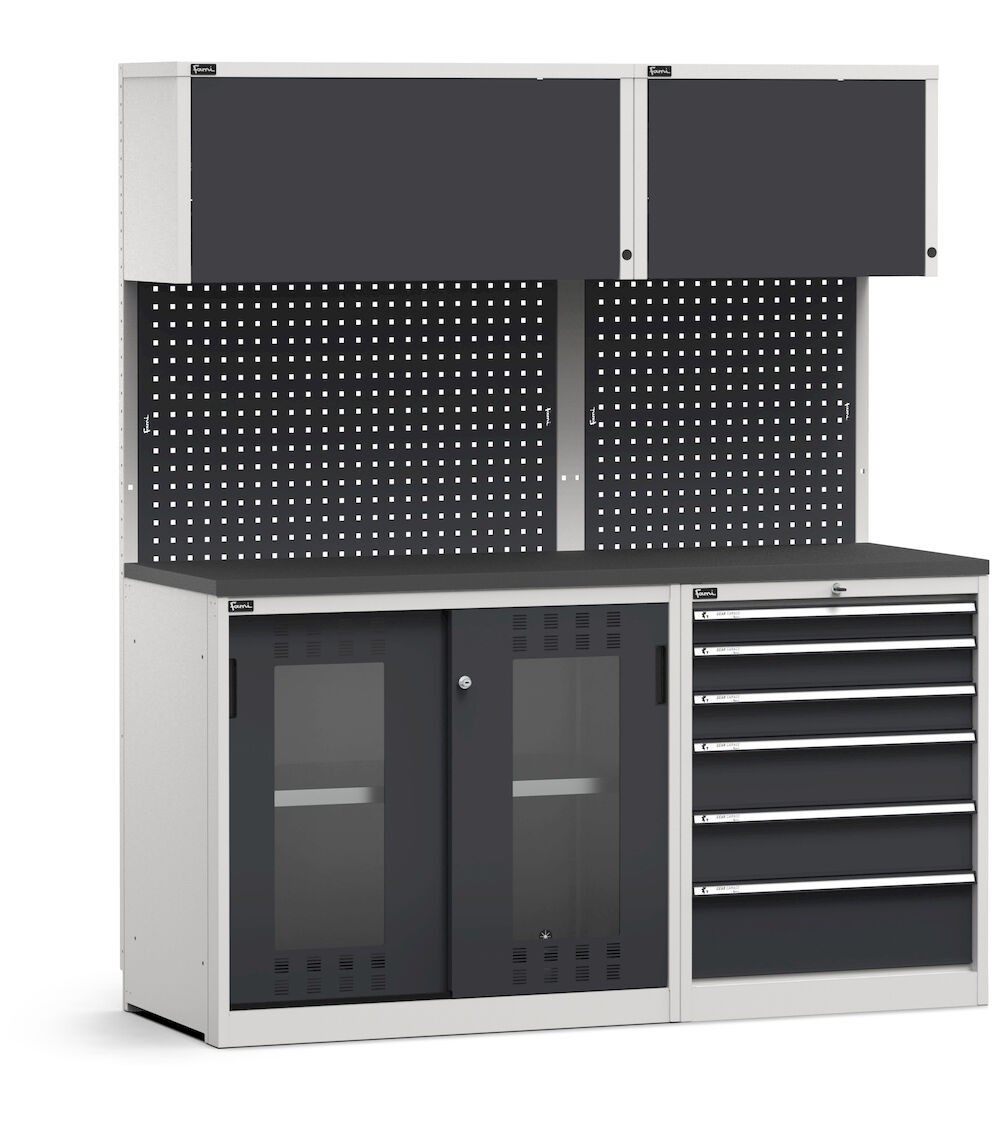 Modulo con cassettiera e armadio con ante scorrevoli fessurate in policarbonato, L 1734 mm, GARAGE044