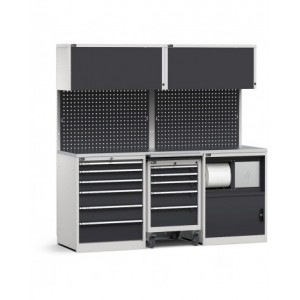 Modulo con cassettiera, carrello porta utensili e armadio con vano rifiuti, L 2040 mm, GARAGE049