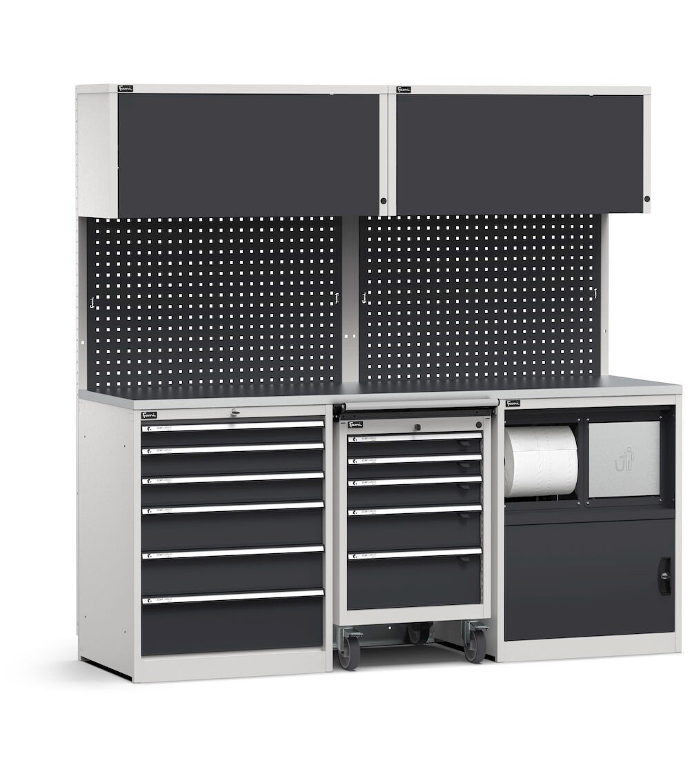 Modulo con cassettiera, carrello porta utensili e armadio con vano rifiuti, L 2040 mm, GARAGE049