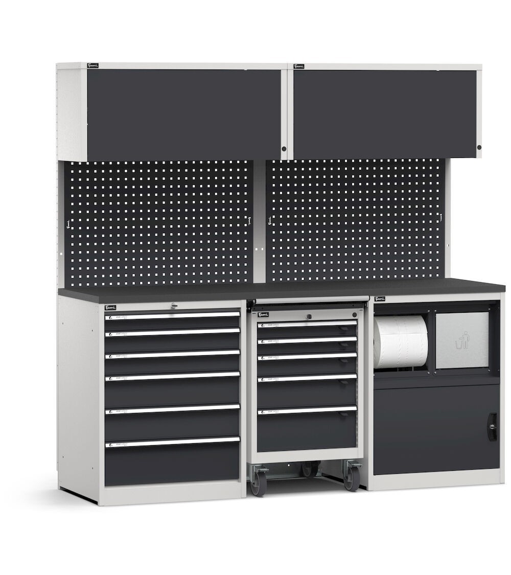 Modulo con cassettiera, carrello porta utensili e armadio con vano rifiuti, L 2040 mm, GARAGE050
