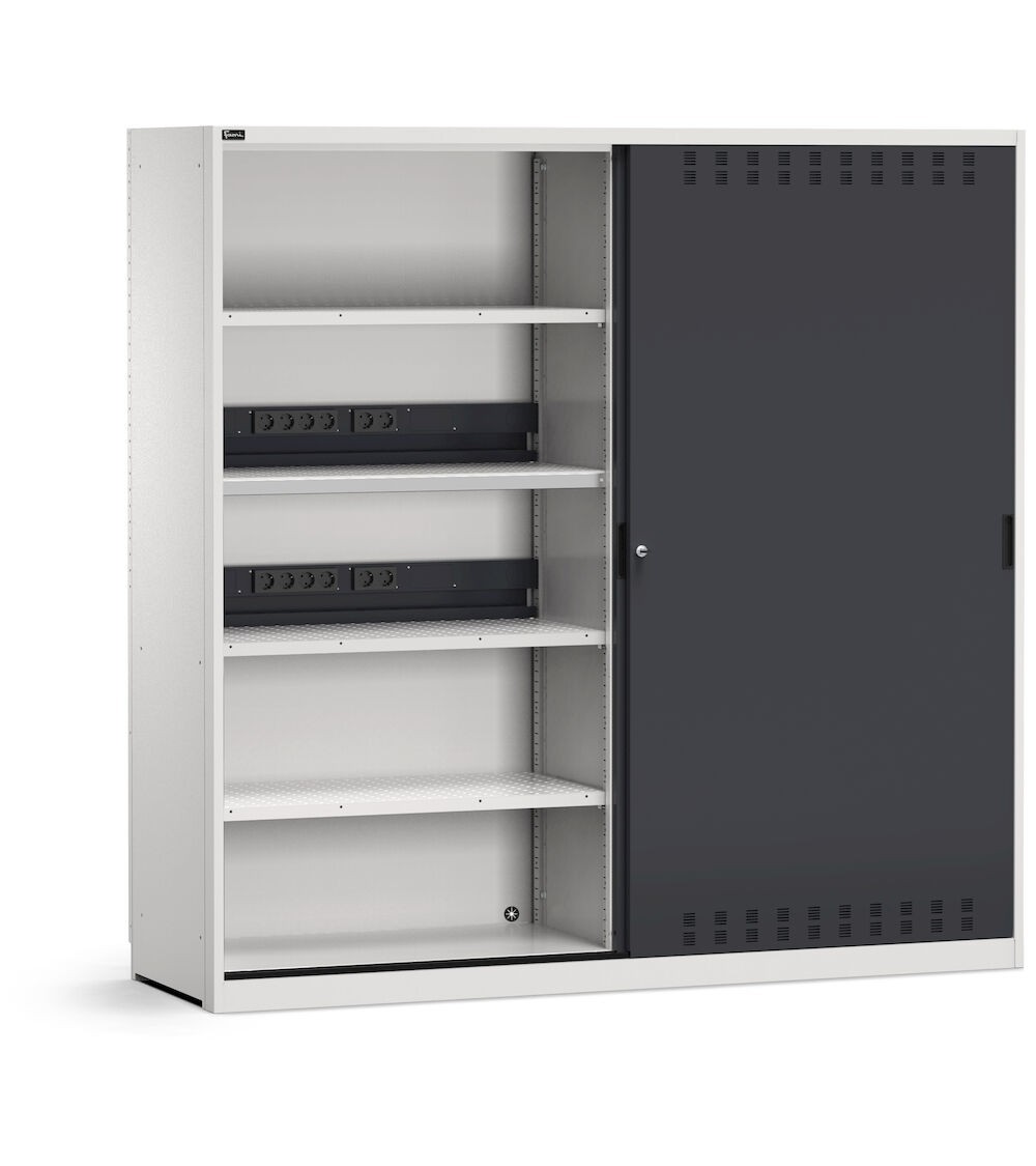 Armadio da officina con porte scorrevoli fessurate, paratia divisoria e Iron Team Electric, L 2040 mm, GARAGE083