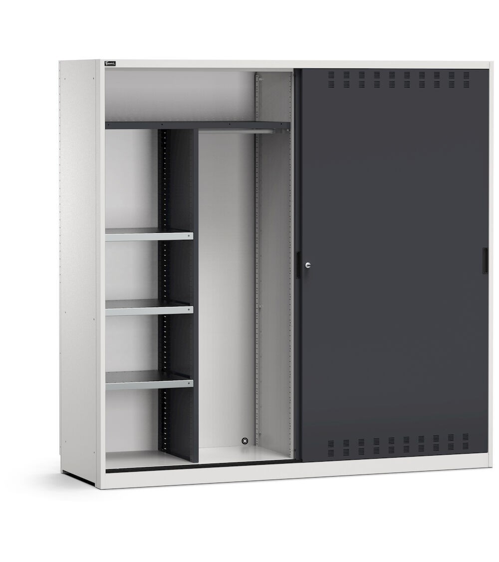 Armadio da officina con porte scorrevoli fessurate, paratia divisoria e porta abiti, L 2040 mm, GARAGE084