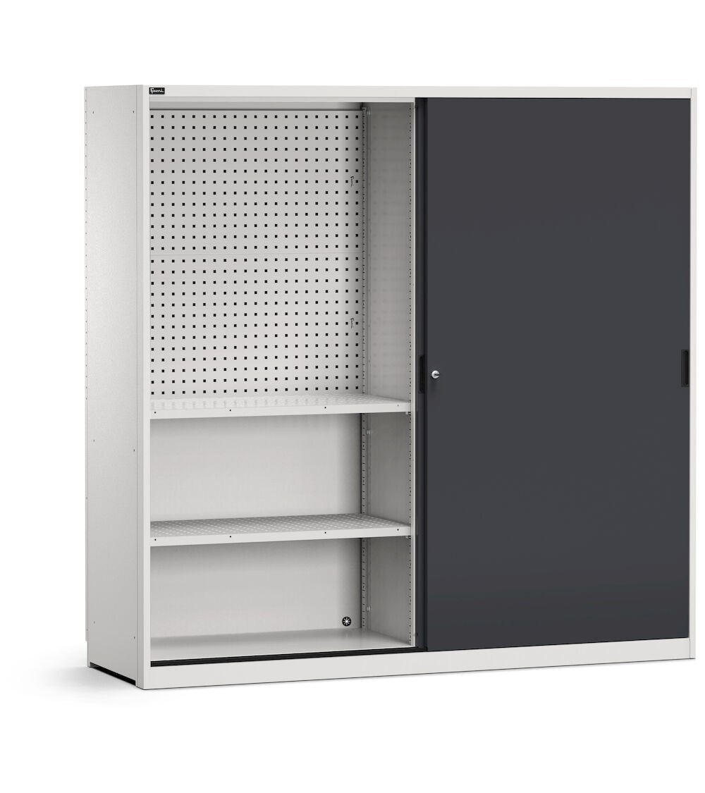 Armadio da officina con porte scorrevoli, paratia divisoria e piani/pannelli forati, L 2040 mm, GARAGE085