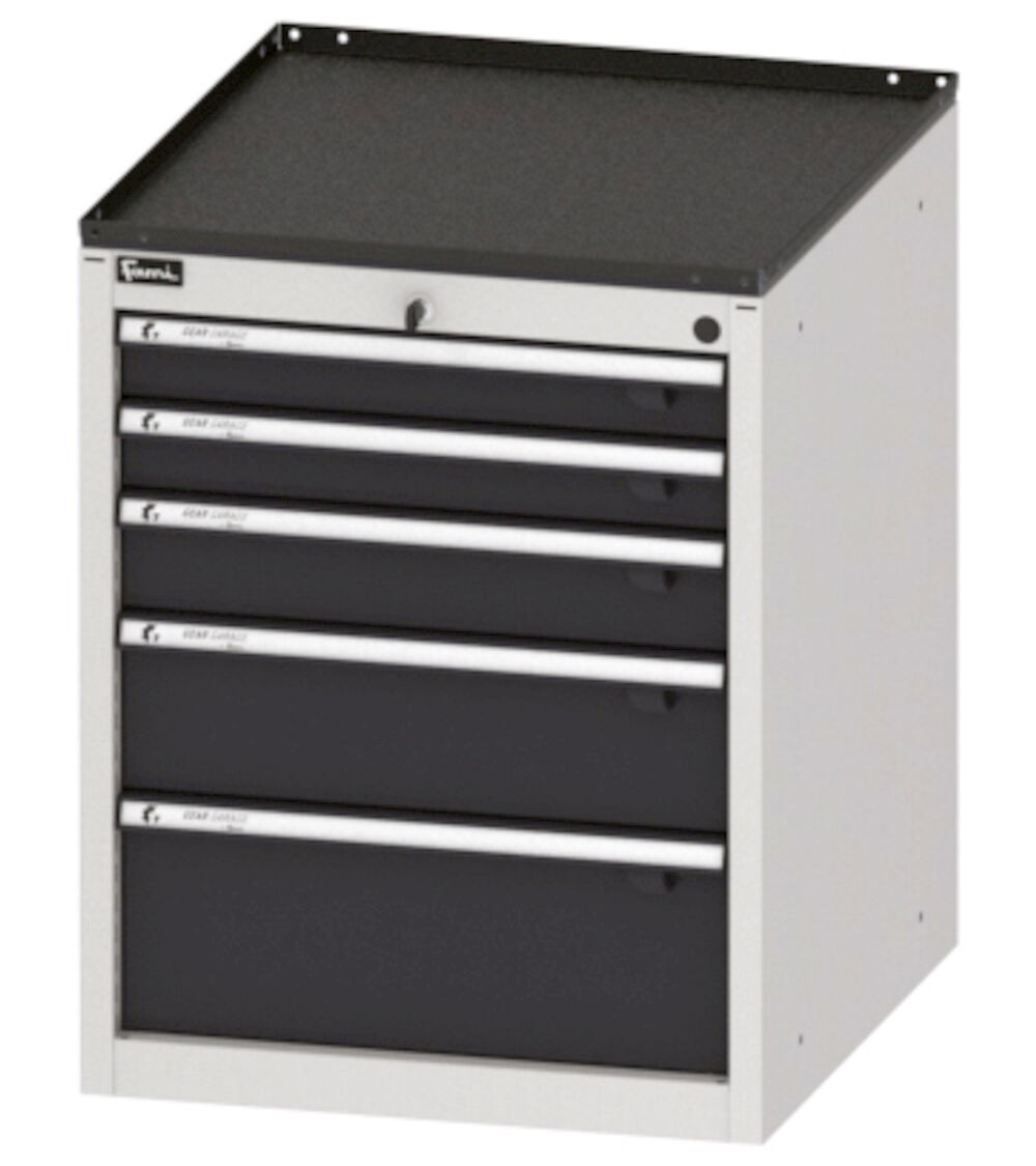 Garage cabinet with 5 drawers designed for wheels