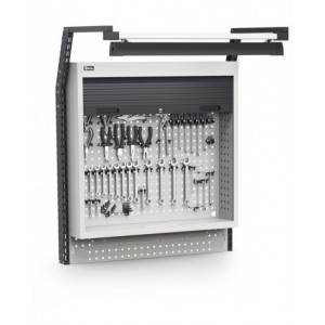 Pannello portautensili con armadio tapparella, con lampada led e ganci Unipok, L1015 x P710 x H1243